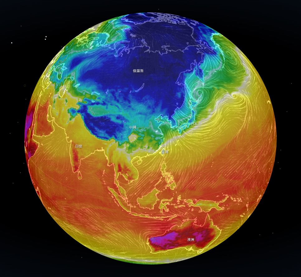 全球氣溫與風場的球體動態展示
